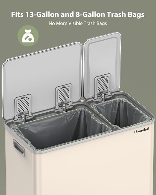 Dual Trash and Recycling Bins for Kitchen, 13.2 + 5.2 Gal Stainless Steel Trash - Image 7