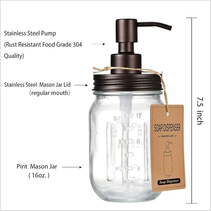 Amolliar Mason Jar Liquid Soap Dispenser, 16OZ Stainless Steel Pump Lid & - Image 5