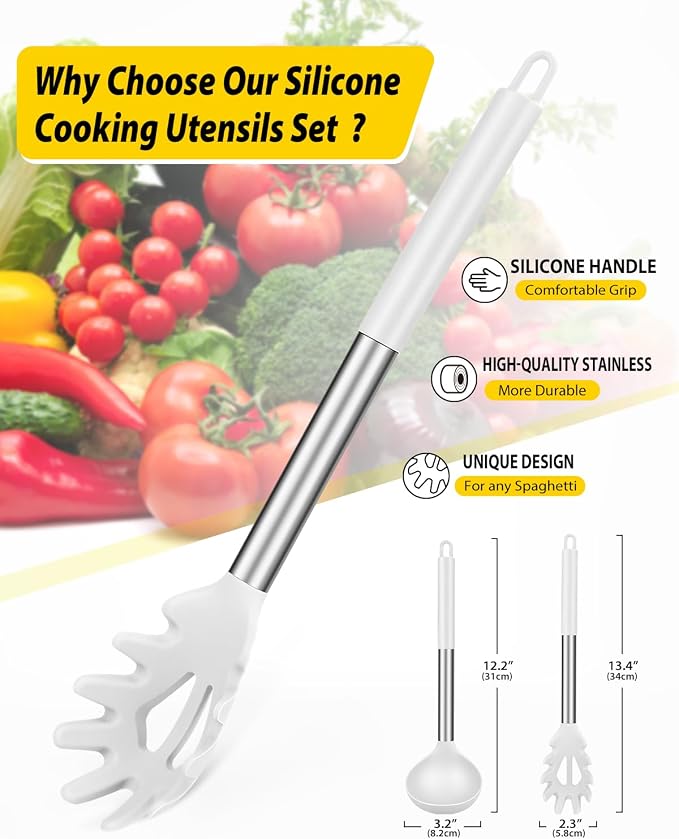 Silicone Pasta Fork and Ladle Spoon Set, Large Non Stick Kitchen Utensils - Image 2