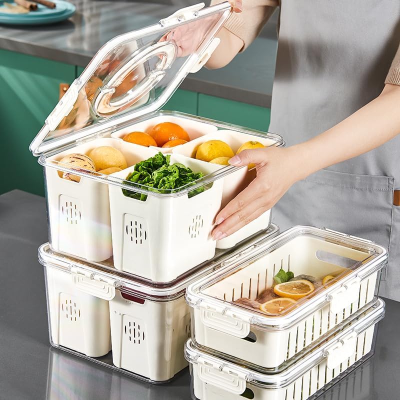 Fruit Storage Containers for Fridge with Lid and Handle, Veggie Tray