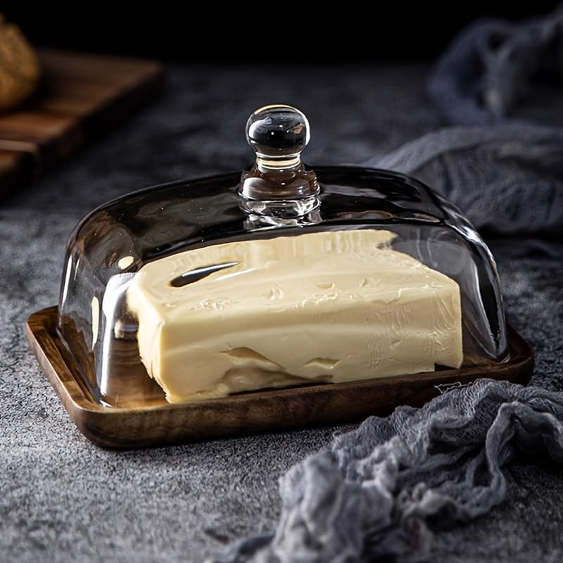 Glass Butter Dish with Lid, 1PC Wooden Wide Butter Holder for