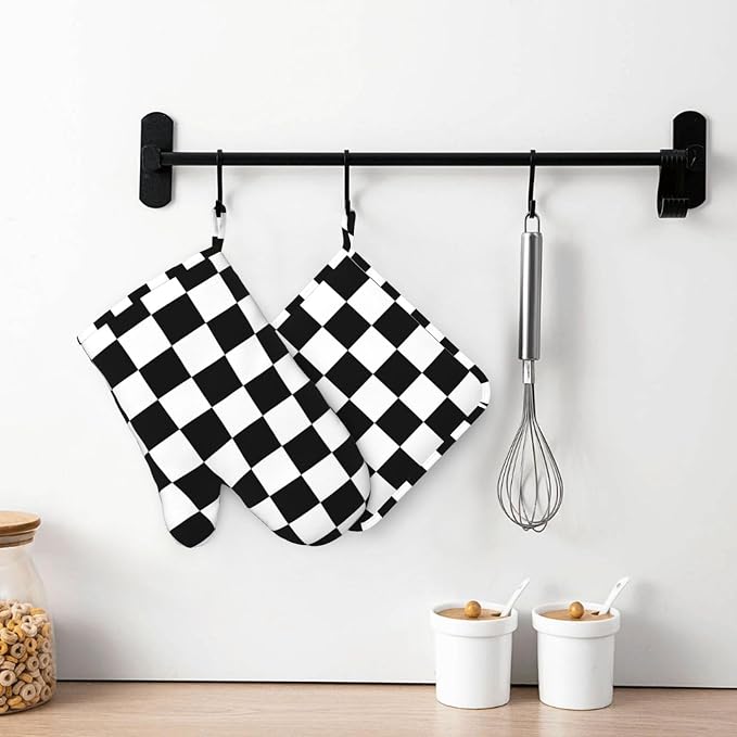 Black White Check Plaid Oven Mitts and Pot Holders Sets Silicone Black and - Image 7