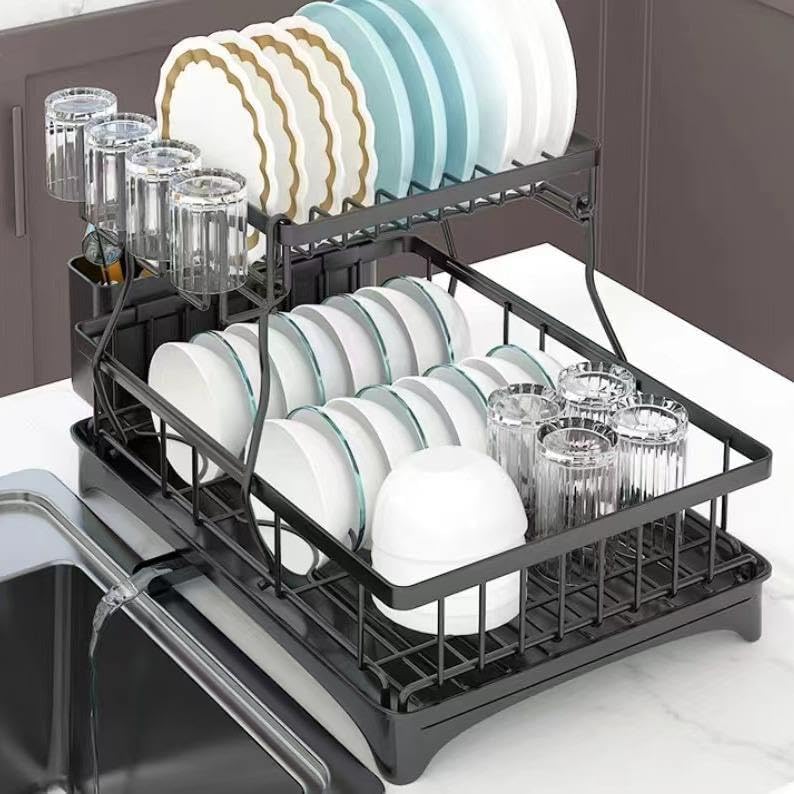 2-Tier Stainless Steel Dish Drying Rack, Black