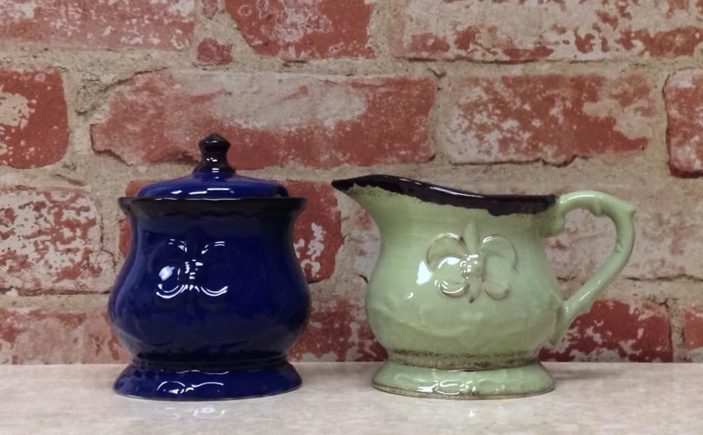 ACK Tuscany Colorful Ceramic Hand Painted Fleur De Lis Cream & Sugar