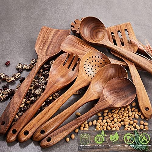 Wooden Kitchen Utensils Set,GUDAMAYE 9 PCE Natural Teak Wooden Spoons