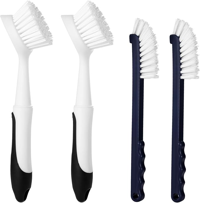 Dish Brush with Handle, 2 Pack Dish Scrub Brush with Built-in Scraper and 2 by Apvpvpt
