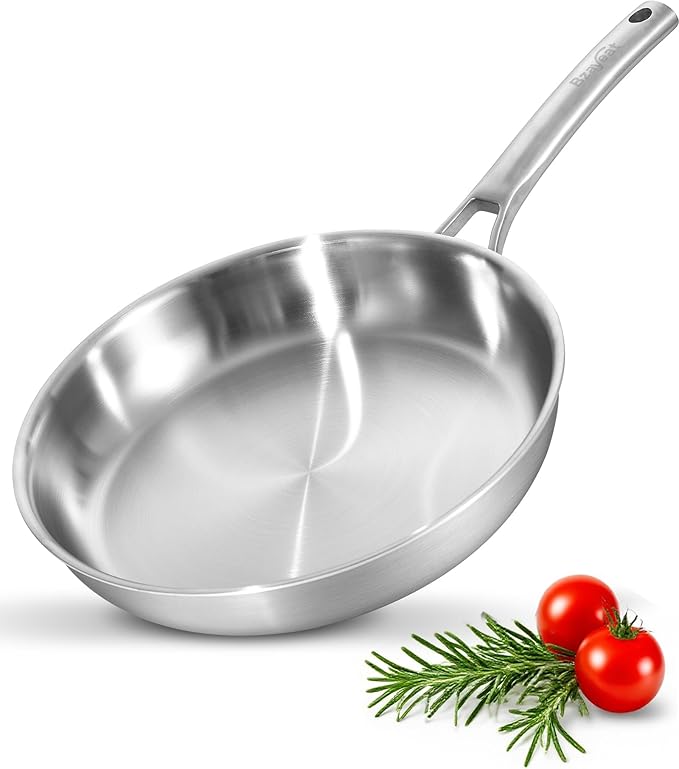 Chef's Frying Pan 12 Inch, Tri-Ply Clad Stainless Steel Skillet, Induction by Bzayeat