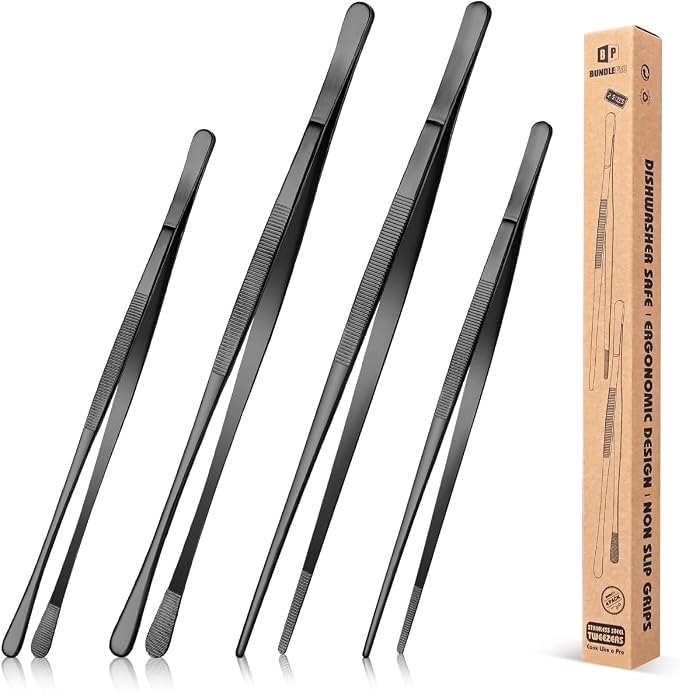 4 Pcs Fine Long Tweezer Tongs Professional Black, Sea food and BBQ by BUNDLEPRO