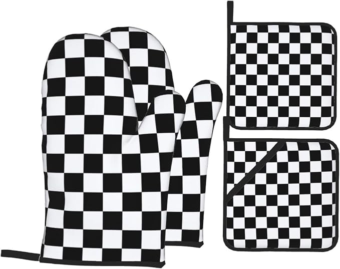 Checkered Black and White Plaid Oven Mitts and Pot Holders Set of 4, Heat - Image 8