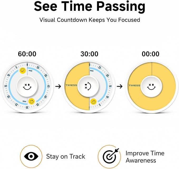 60-Minute Visual Timer, Twist to Set, Loud Battery-Powered Alarm, Manual Rotary - Image 3