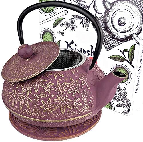 40 Oz Purple Maple Leaf Cast Iron Teapot, Enamel Interior, Infuser &