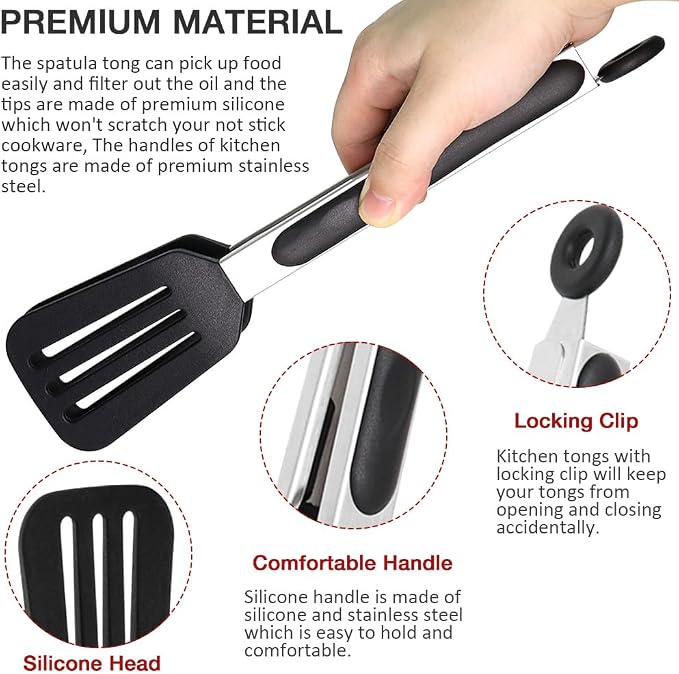 9 Inch Small Kitchen Tongs Set of 3, Silicone Cooking Tongs - Image 3