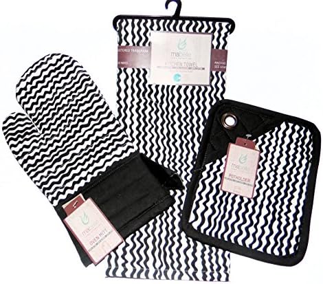 Mabelle Black Zigzag Design Kitchen Linen 3 Piece Gift Set Pocket