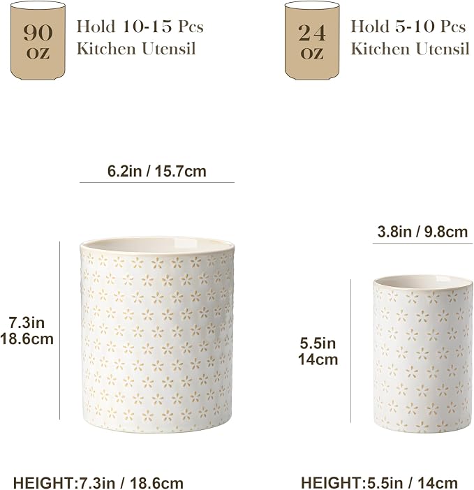 MALACASA LYDIA Ceramic Utensil Holders, 7.3"+5.5" Kitchen Utensil Crock Set - Image 2