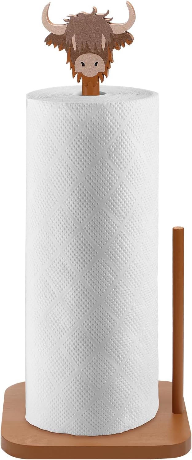 Leinuosen Brown Paper Towel Holder Cute Highland Cow Wooden Paper Towel Holder by Leinuosen