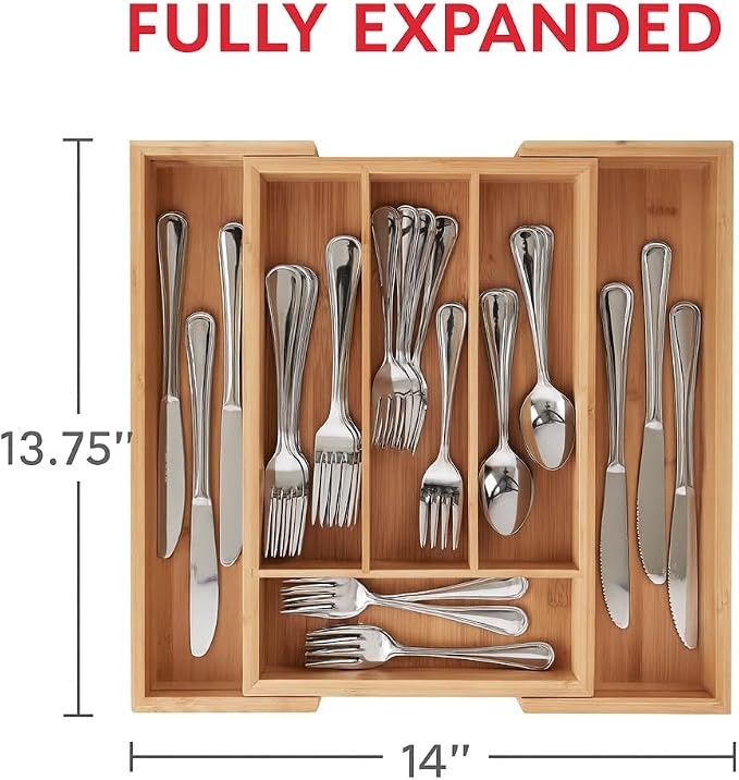 HIC Kitchen Expandable 6-Slot Silverware Cutlery Utensil Storage Tray, Natural - Image 6