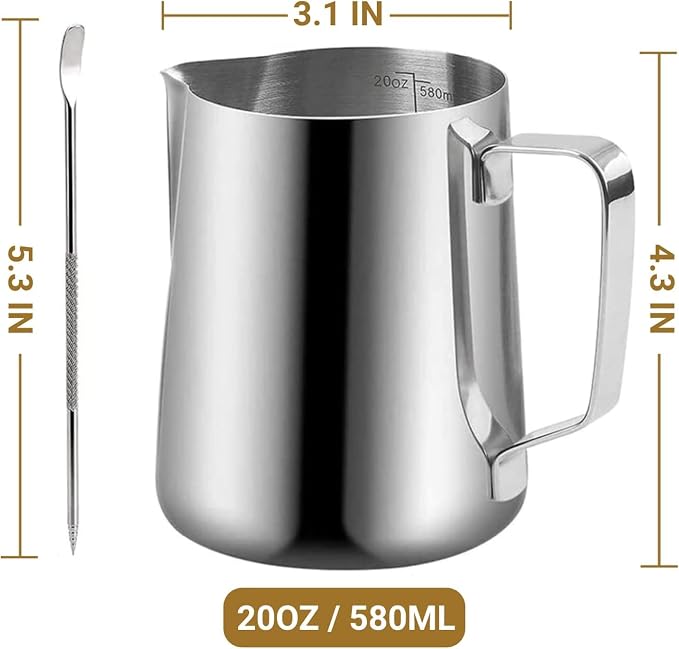 Milk Frothing Pitcher, 600ml Milk Frother Cup Stainless Steel Jug Steaming - Image 3