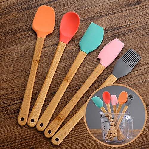 5 Piece Silicone Spatula,Mini Rubber Spatula Wooden Handle,Heat