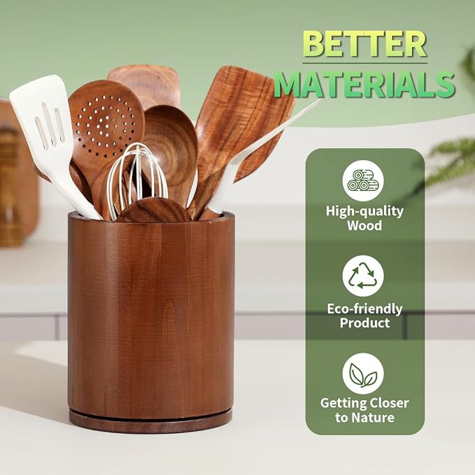 Wooden Utensil Holder, 360°Rotating 7.3'' Large Utensil Holder - Image 5