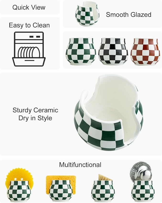 Zoeeker Kitchen Sponge Holder, Ceramic Sponge Organizer Checkered Scrubby - Image 3