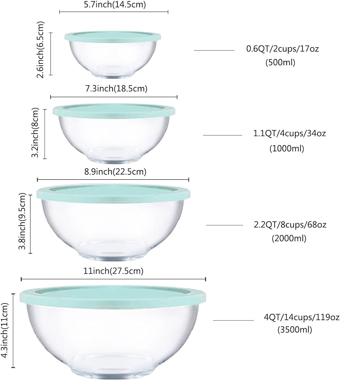 Homwin Glass Mixing Bowls with Lids Set, 8 Pieces Glass Salad Bowl Set with - Image 4