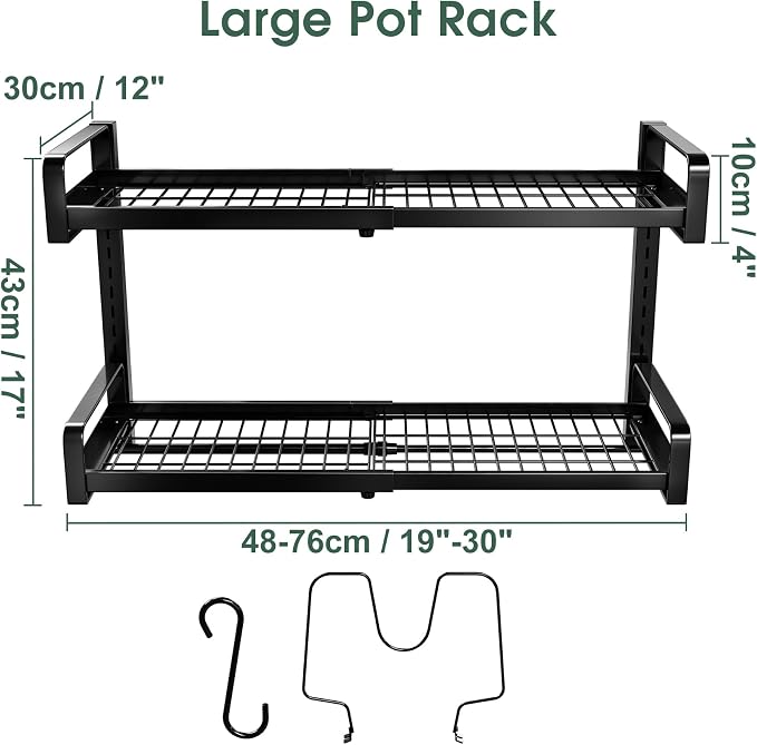 19"- 30" Expandable Hanging Pot Rack, 2 Tier Heavy Duty Wall Mounted Pots and - Image 8