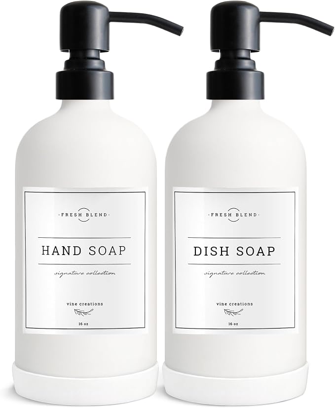 Vine Creations White Glass Soap Dispenser, 2 Pack Kitchen Soap Dispenser Set by VineCreations