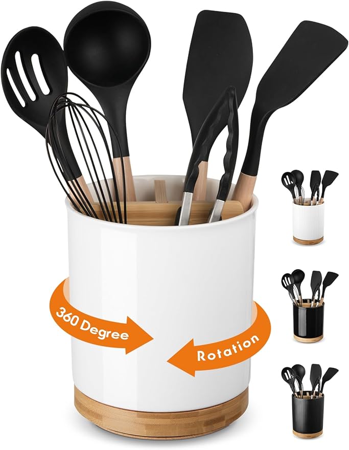 LoeJan 3 Compartment Utensil Holder, Extra Large Utensil Crock, Stable Ceramic by LoeJan