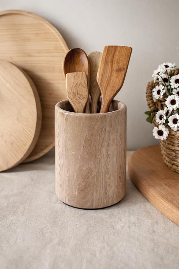Radicaln Marble Utensil Holder 6.5" Inches Natural Brown Handmade Spatula Set - Image 3