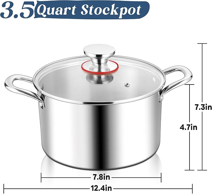 TeamFar 3.5 Quart Stock Pot, Tri-Ply Stainless Steel Pasta Cooking Pot - Image 2