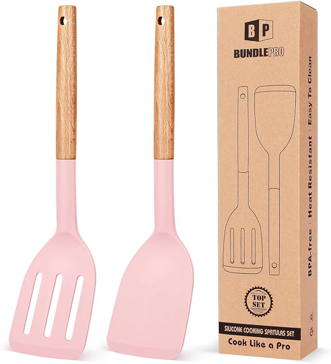 Pack of 2 Silicone Cooking Spatula, Heat Resistant Solid Turner, Non Stick by BUNDLEPRO