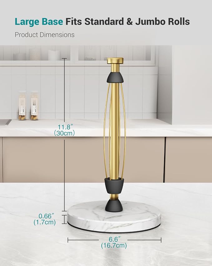 Paper Towel Holder Countertop, Marble Weighted Base, Warm Gold, One-Handed Tear - Image 7