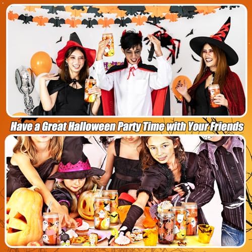 SiliFine 6 Pcs Halloween Glass Cups, 16 oz with Lids and Straws