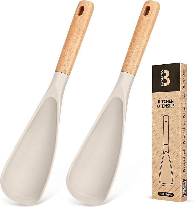 Cooking Spoon for Nonstick Cookwares, Wood Handle Spoon for Mixing, and Scrape by BADIANO
