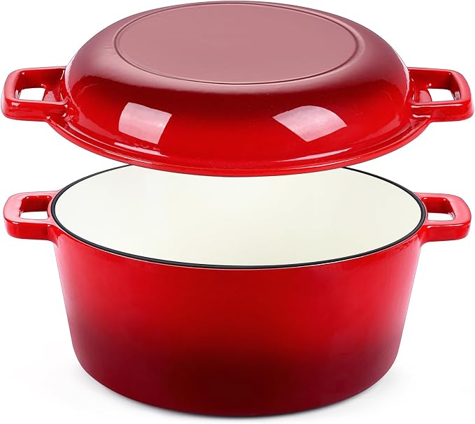 P&P CHEF 5Qt Dutch Oven Pot for Bread Baking, 2 In 1 Round Cast Iron Dutch Oven by PPCHEF