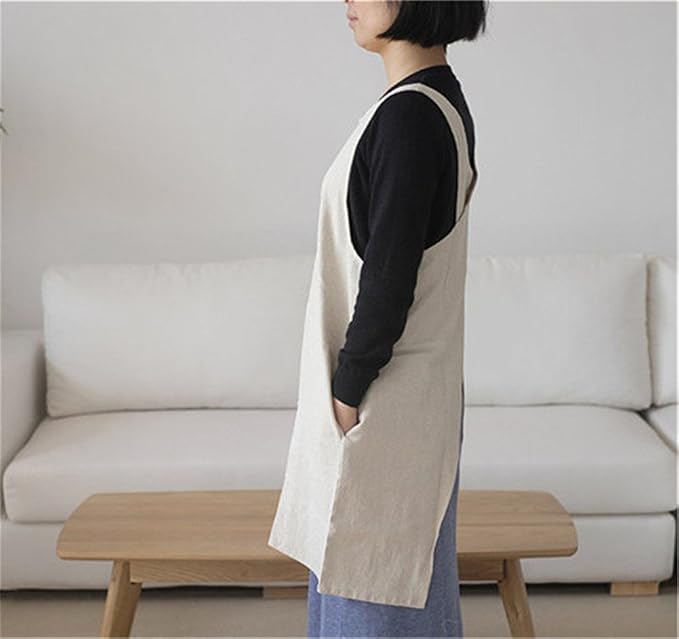 Cotton Linen Japanese Apron Halter Cross Back Bandage X Shape Aprons Two Pockets - Image 4