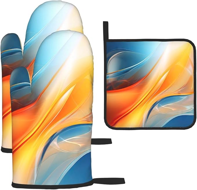Burnt Orange Blue Abstract Fluid Oven Mitts and Pot Holders Sets of 3, Heat by Unknown