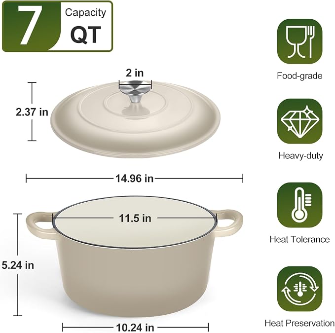 P&P CHEF 7QT Enameled Dutch Oven, Cast Iron Dutch Oven Pot - Image 2