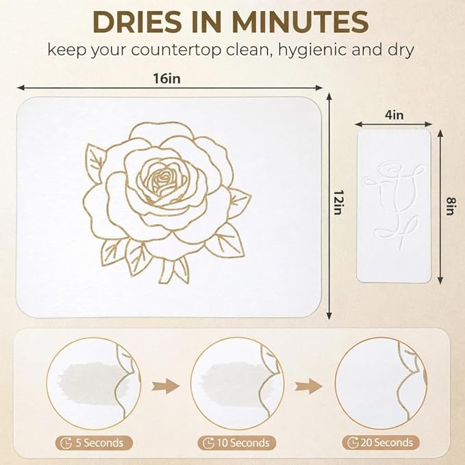 Stone Dish Drying Mat for Kitchen Counter, Glittery Resin Rose Pattern Quick - Image 3