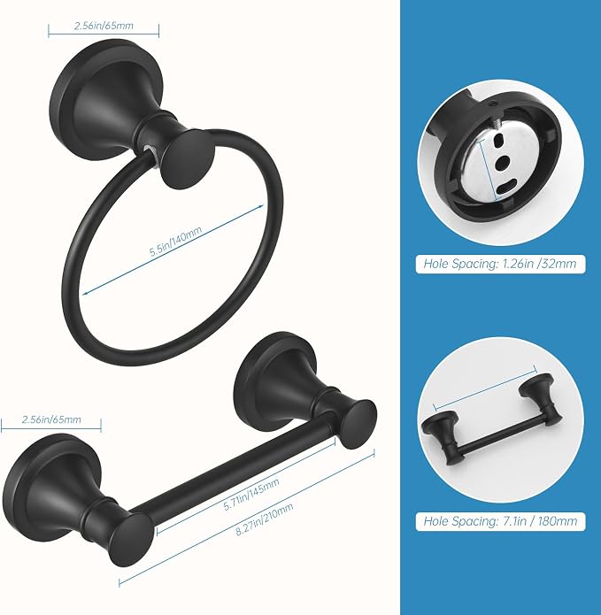 RUMOSE Toilet Paper Holder and Hand Towel Ring Matte Black Wall Mount Bathroom - Image 5