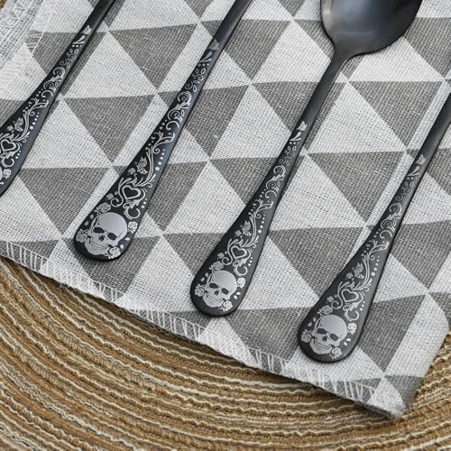 Skull Black Silverware Set for 4, 20-Piece Black Flatware Set, Gothic