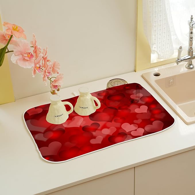 Red Valentines Dish Drying Mat 18x24 Inch Red Hearts Dish Drainer Protector Pad - Image 5