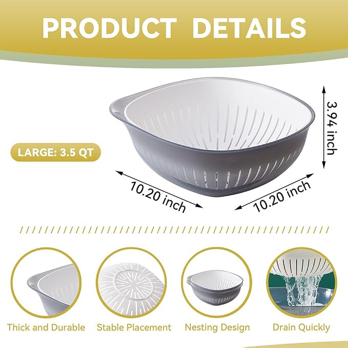 Colander Bowl Set of 2, Nesting Large Capacity Plastic Food Strainer - Image 2