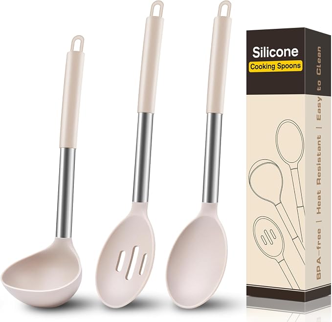 3Pcs Silicone Cooking Spoon Set, Kitchen Utensils Include Solid & Slotted Spoon by Unknown