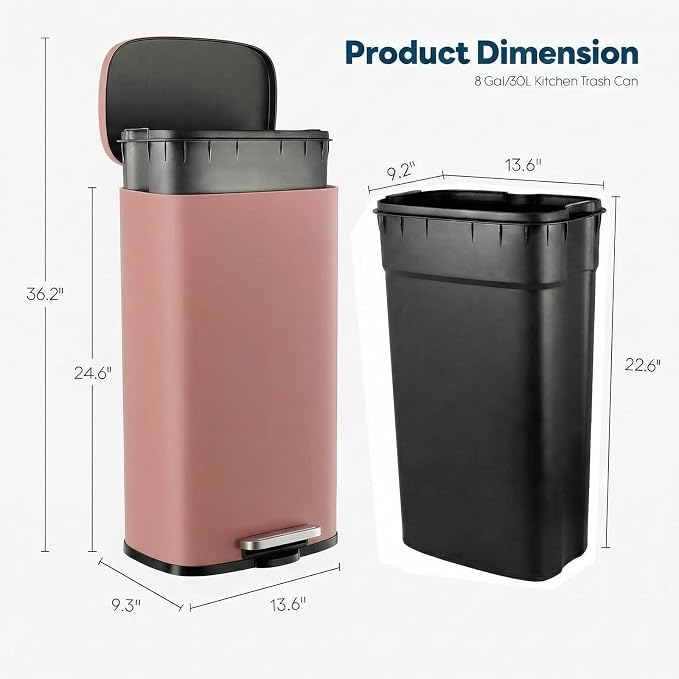 8 Gal Kitchen Trash Can, 30L Recycling or Garbage Bin, Brushed Stainless Steel - Image 2