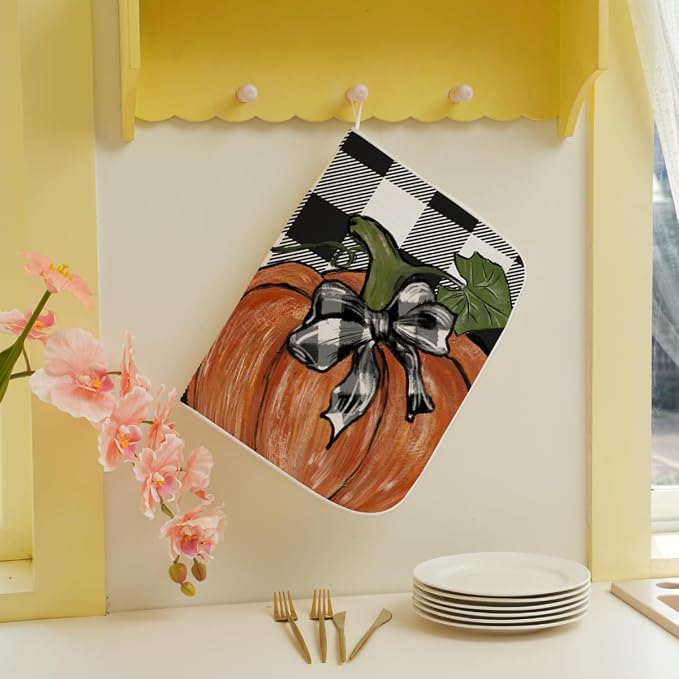 Fall Dish Drying Mat 18 x 24 Inch Thanksgiving Buffalo Plaid Pumpkin Drying Mat - Image 5