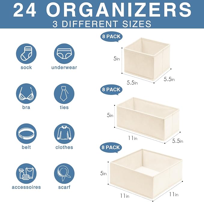 Criusia Drawer Organizer Clothes, 24 Pack Dresser Organizer Bins - Image 2