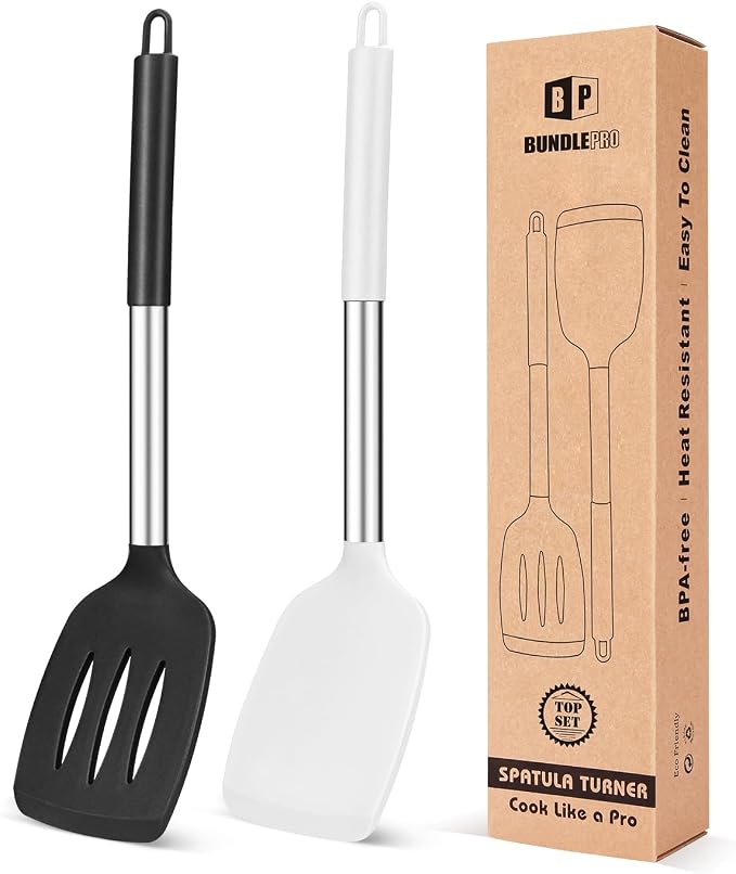 Pack of 2 Silicone Solid Turner, Non Stick Slotted Kitchen Spatulas, High Heat by BUNDLEPRO