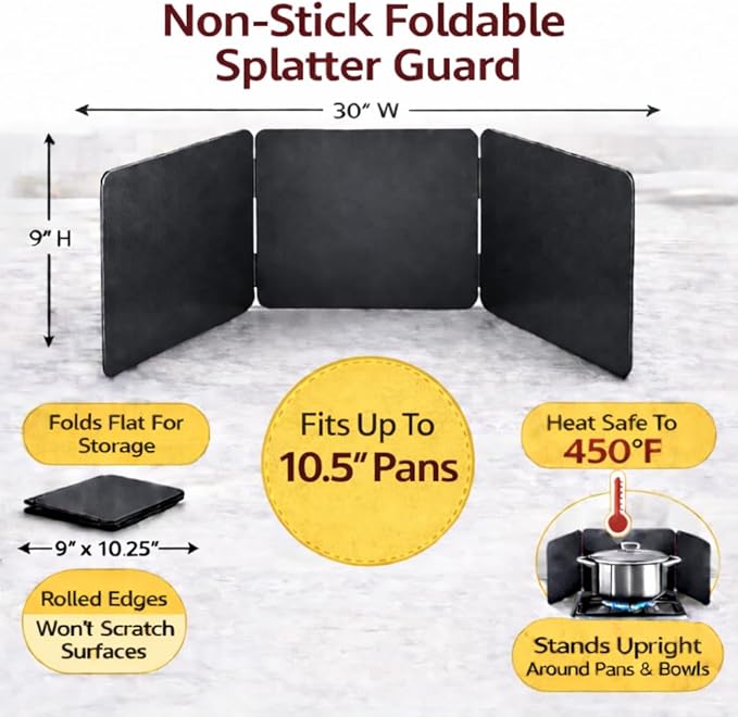 HIC Kitchen 3-Sided Splatter Guard, Non-Stick Carbon Steel, Heat Safe, Folds - Image 5