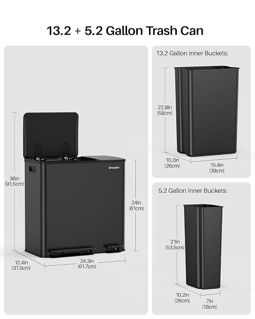 Dual Trash and Recycling Bins for Kitchen, 13.2 + 5.2 Gal Stainless Steel Trash - Image 6